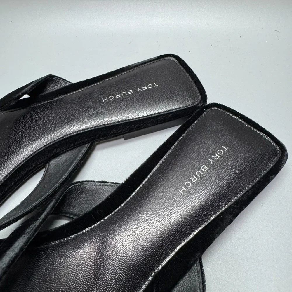 Tory Burch Classic Pave Logo Flip Flop Velvet Napa Leather‎ Black Sz 10 M